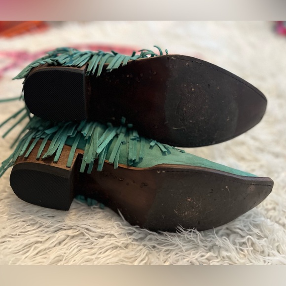 Turquoise Ankle Boots with Fringe and Western Stitching - Picture 4 of 7